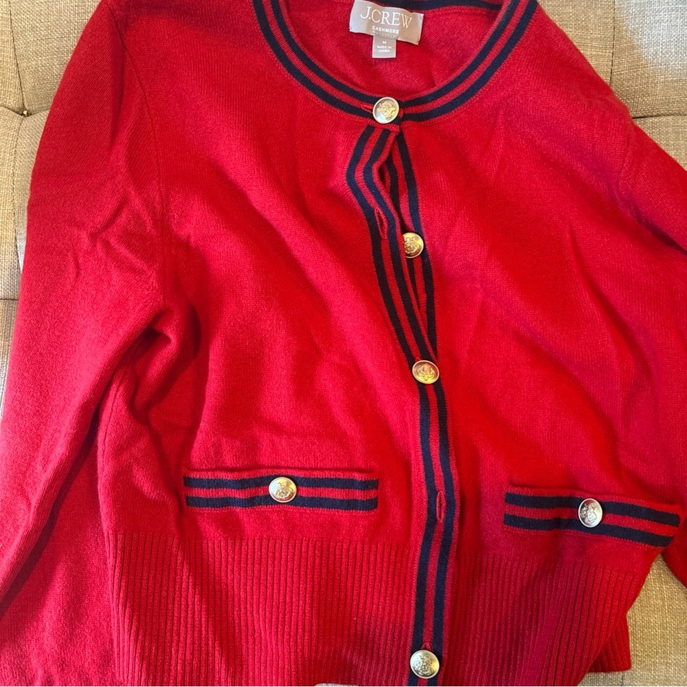 J.Crew Cashmere Lady Sweater Size Med NWOT Red Blue Piping - Picture 2 of 3